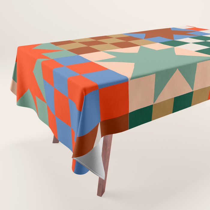 Earthy Patchwork Quilt Star Pattern Rustic Geometric Checkered Abstract in Warm Retro Colors Tablecloth Gallery Image 1