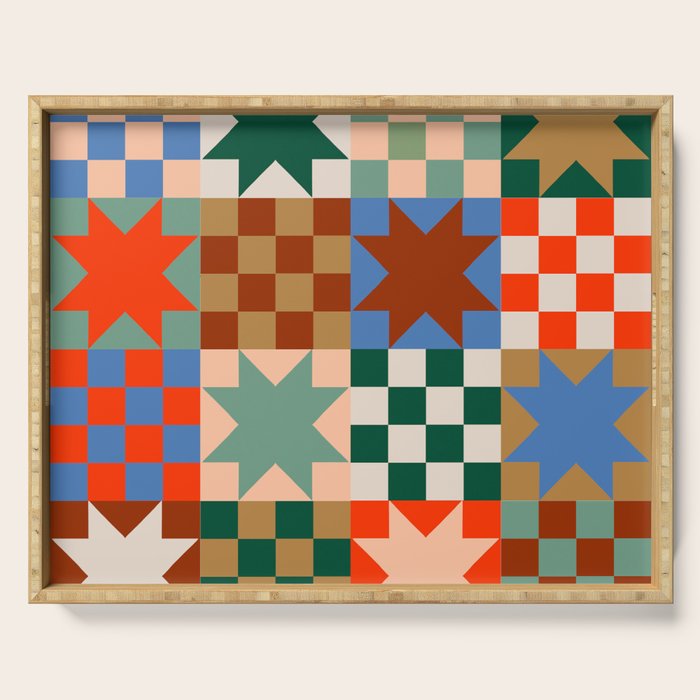 Earthy Patchwork Quilt Star Pattern Rustic Geometric Checkered Abstract in Warm Retro Colors Serving Tray Gallery Image 1
