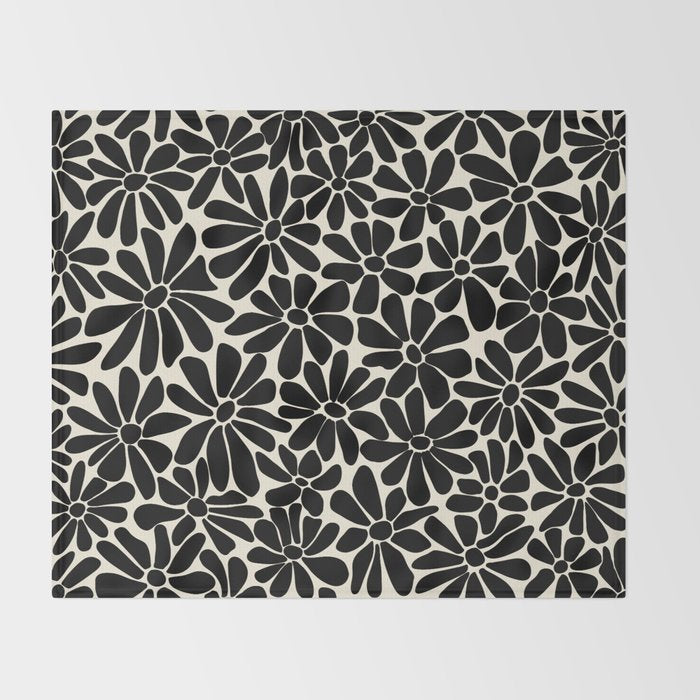 Black and White Retro Floral Art Print  Throw Blanket Gallery Image 2