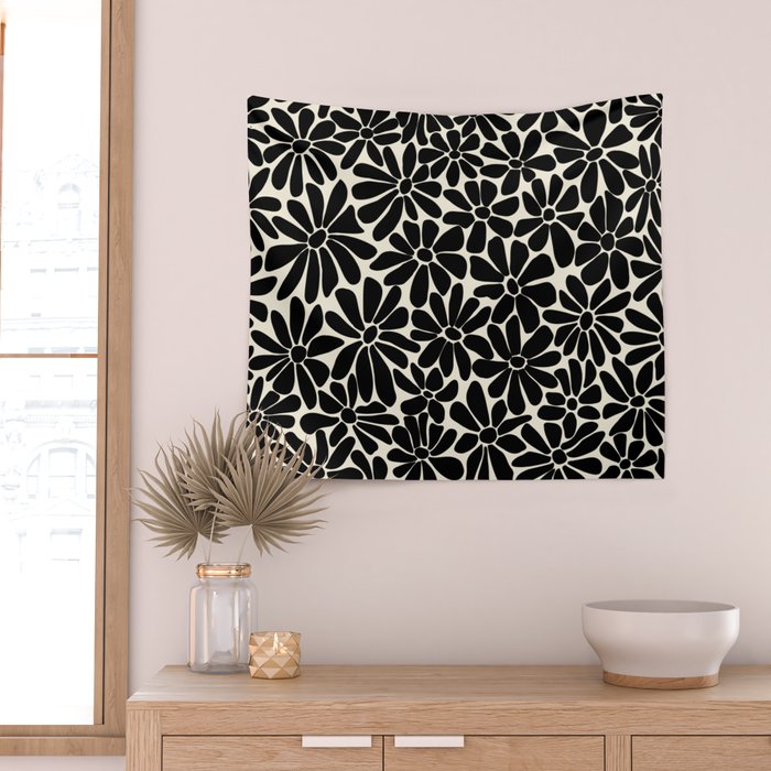 Black and White Retro Floral Art Print  Wall Tapestry Gallery Image 2