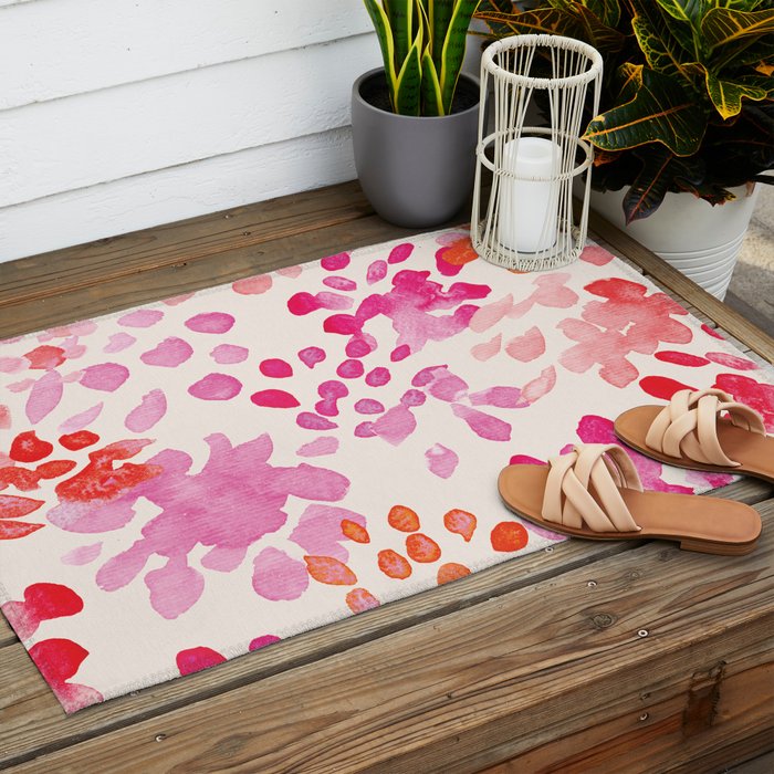 Watercolor flowers in pink and red pattern Outdoor Rug Gallery Image 2