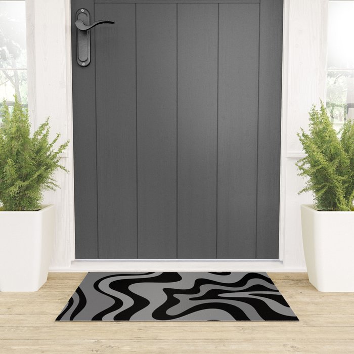 Retro Liquid Swirl Abstract Pattern in Black and Gray Welcome Mat Gallery Image 3