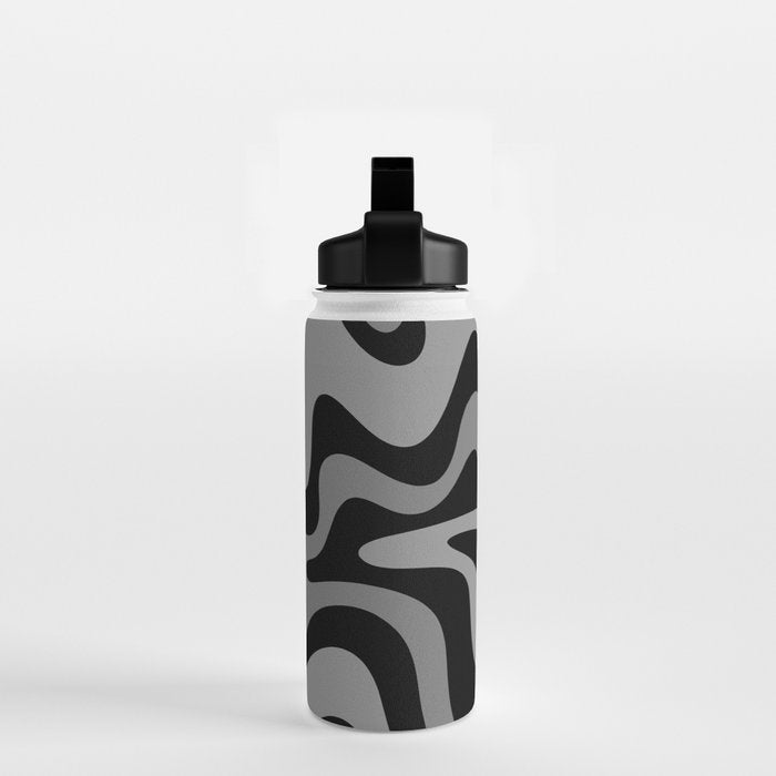 Retro Liquid Swirl Abstract Pattern in Black and Gray Water Bottle Gallery Image 2