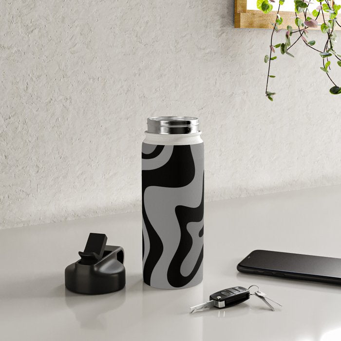 Retro Liquid Swirl Abstract Pattern in Black and Gray Water Bottle Gallery Image 4