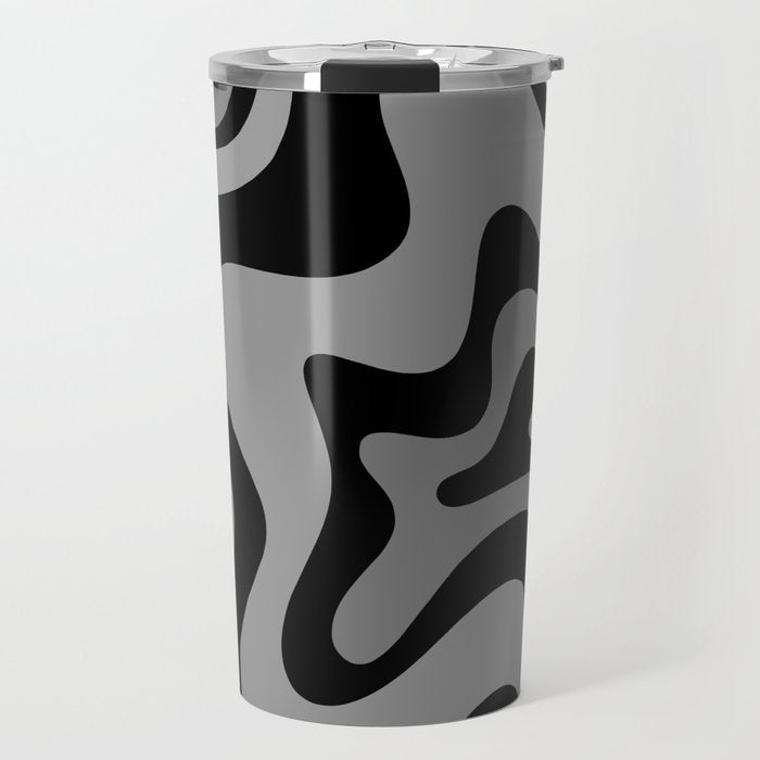 Retro Liquid Swirl Abstract Pattern in Black and Gray Travel Mug Gallery Image 1