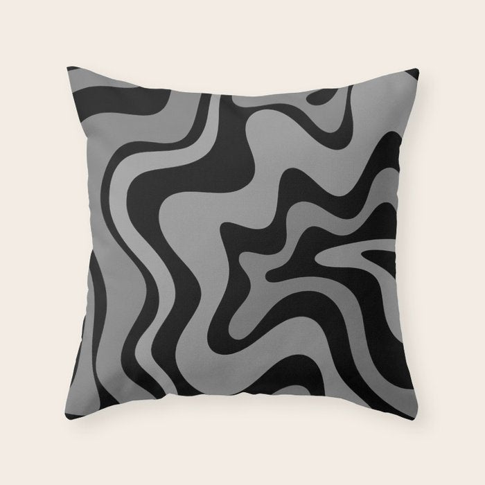 Retro Liquid Swirl Abstract Pattern in Black and Gray Throw Pillow Gallery Image 6
