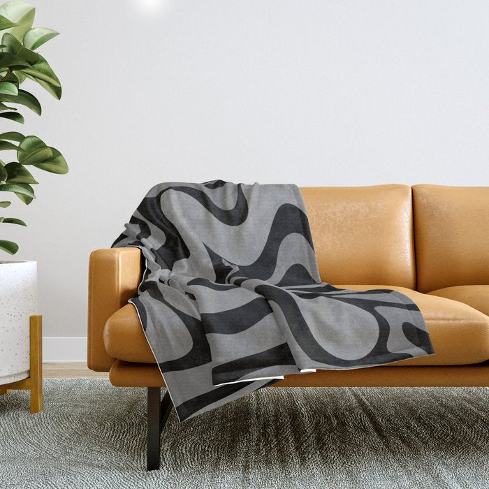 Retro Liquid Swirl Abstract Pattern in Black and Gray Throw Blanket Gallery Image 1