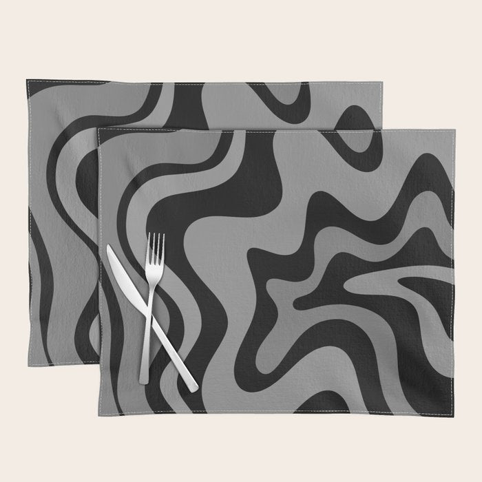 Retro Liquid Swirl Abstract Pattern in Black and Gray Placemat Gallery Image 1