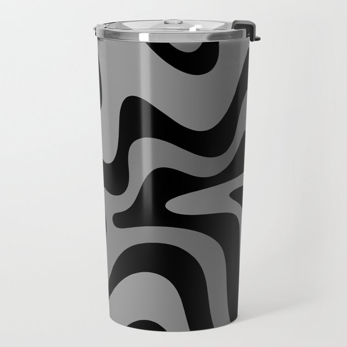 Retro Liquid Swirl Abstract Pattern in Black and Gray Travel Mug Gallery Image 2