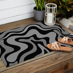 Retro Liquid Swirl Abstract Pattern in Black and Gray Outdoor Rug Gallery Image 2