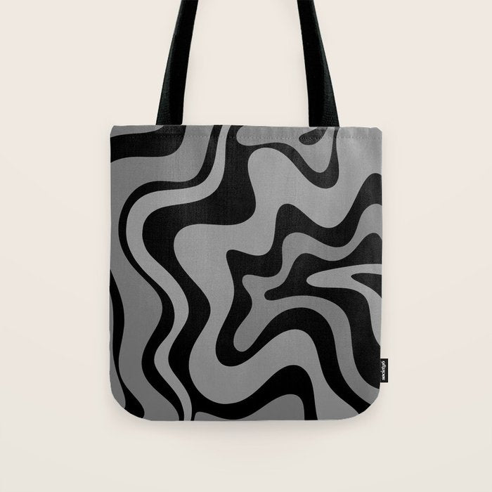 Retro Liquid Swirl Abstract Pattern in Black and Gray Tote Bag Gallery Image 1