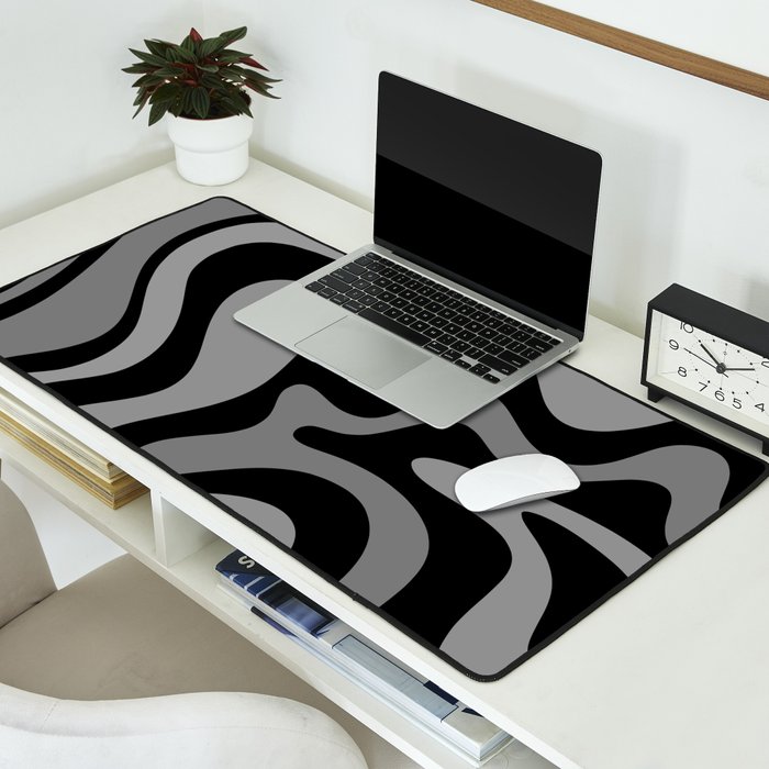 Retro Liquid Swirl Abstract Pattern in Black and Gray Desk Mat Gallery Image 2