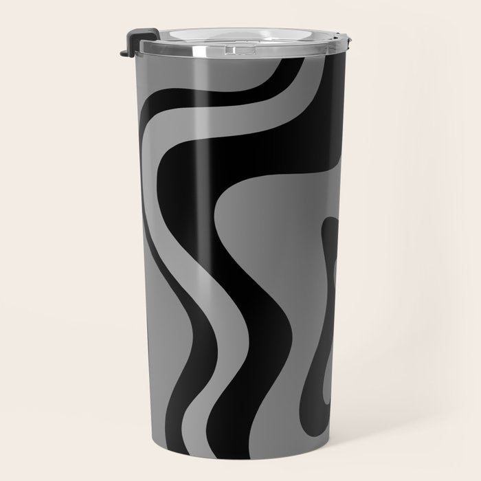 Retro Liquid Swirl Abstract Pattern in Black and Gray Travel Mug Gallery Image 3