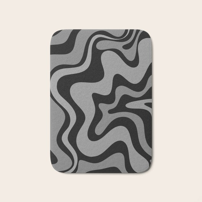 Retro Liquid Swirl Abstract Pattern in Black and Gray Bath Mat Gallery Image 1