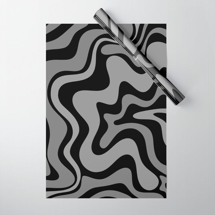 Retro Liquid Swirl Abstract Pattern in Black and Gray Wrapping Paper Gallery Image 1