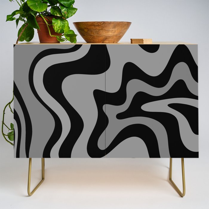Retro Liquid Swirl Abstract Pattern in Black and Gray Credenza Gallery Image 1