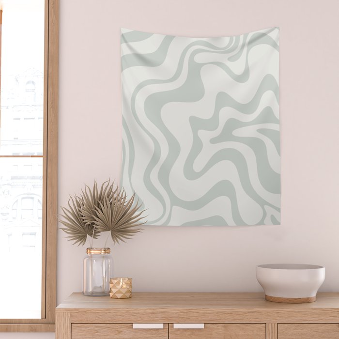Liquid Swirl Abstract Pattern in Pale Stone and Light Silver Sage Gray Wall Tapestry Gallery Image 2
