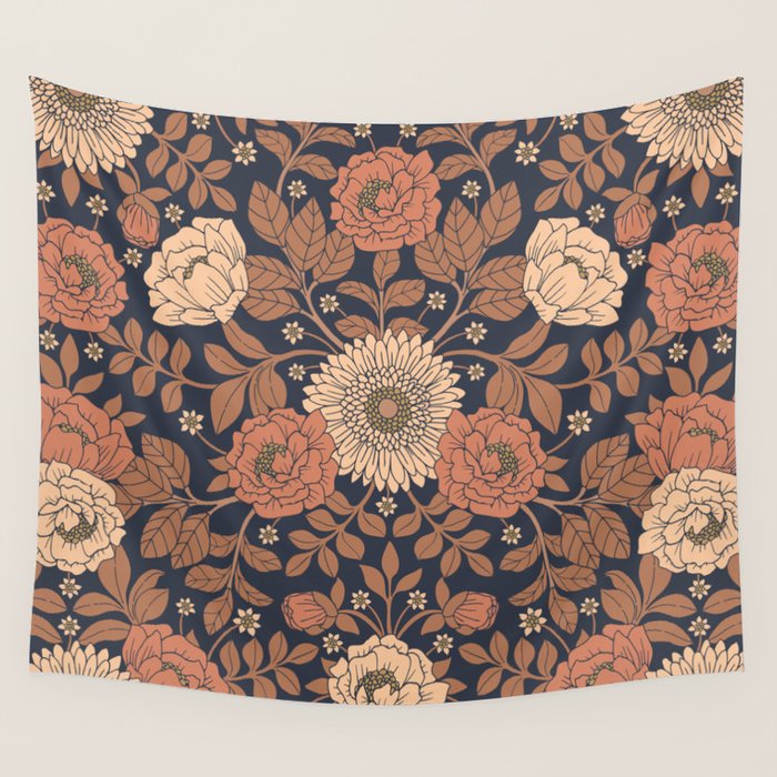 Peach, Dusty Rose, Mauve & Blue-Gray Floral Pattern Wall Tapestry Gallery Image 4