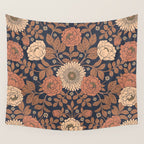 Peach, Dusty Rose, Mauve & Blue-Gray Floral Pattern Wall Tapestry Gallery Image 4