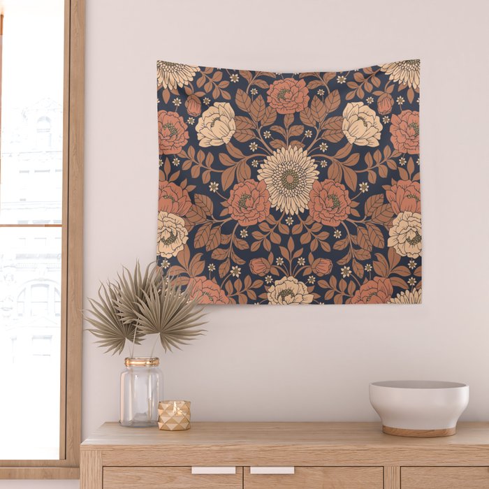 Peach, Dusty Rose, Mauve & Blue-Gray Floral Pattern Wall Tapestry Gallery Image 2