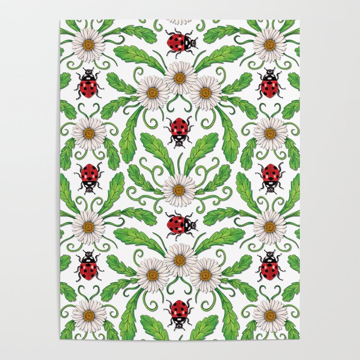 Ladybugs & Daisies - Cute Floral Bug Pattern with Ladybirds Poster Gallery Image 4