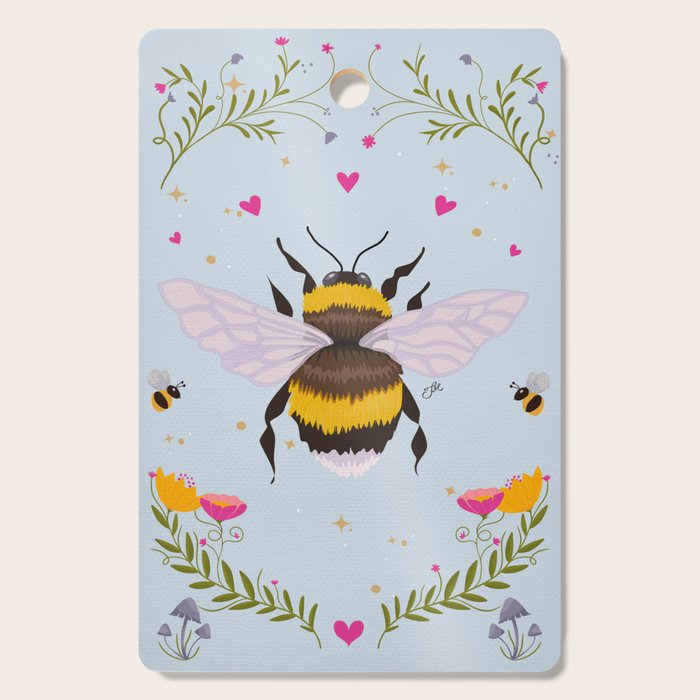 Whimsical Bumblebee Folk Art Cottagecore Floral Illustration in Pastel Blue Cutting Board Gallery Image 1