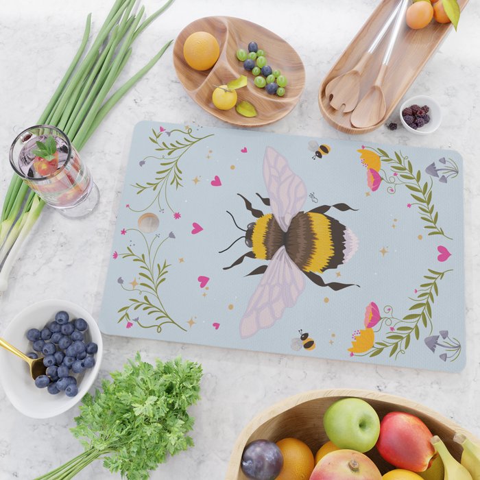 Whimsical Bumblebee Folk Art Cottagecore Floral Illustration in Pastel Blue Cutting Board Gallery Image 2