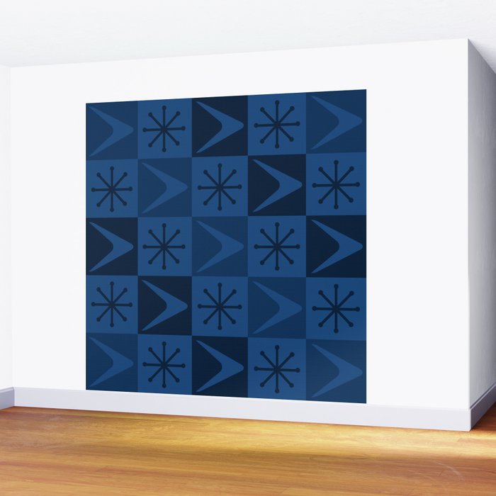 Atomic Age Art Checkered Boomerangs Dark Blue Wall Mural Gallery Image 2