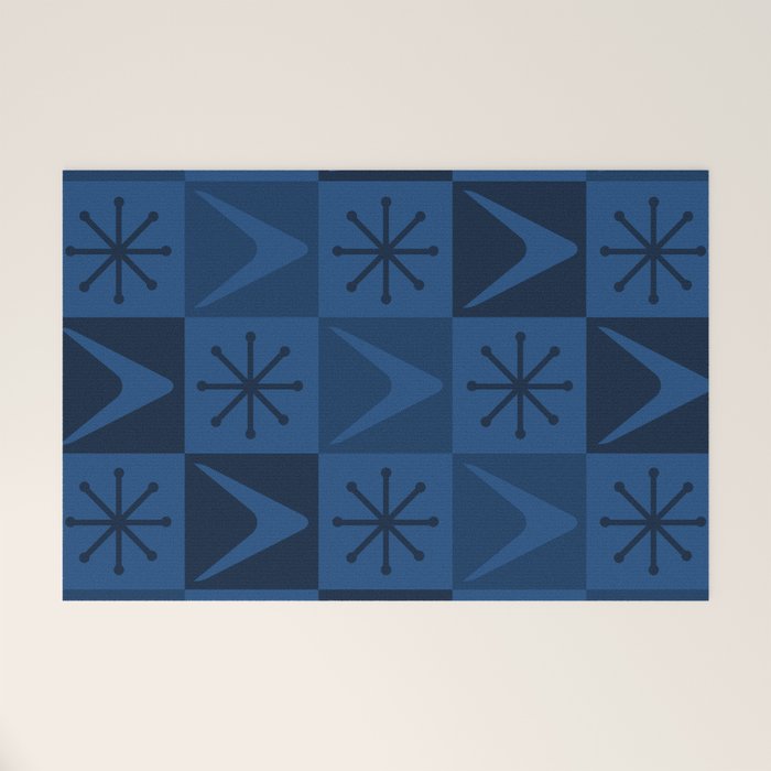 Atomic Age Art Checkered Boomerangs Dark Blue Welcome Mat Gallery Image 1