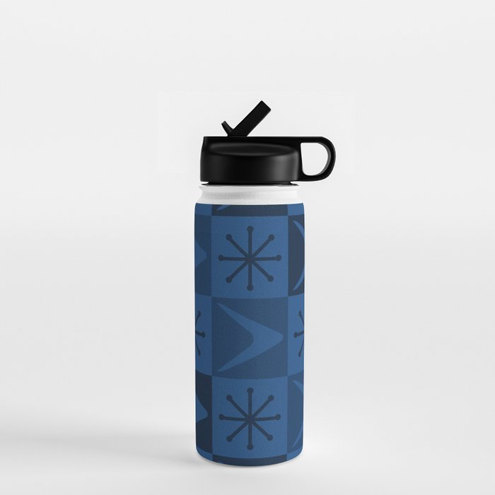 Atomic Age Art Checkered Boomerangs Dark Blue Water Bottle Gallery Image 1