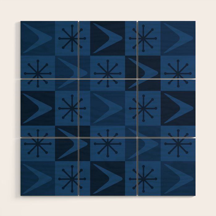 Atomic Age Art Checkered Boomerangs Dark Blue Wood Wall Art Gallery Image 1