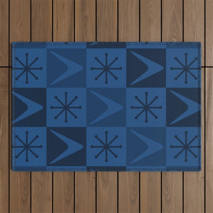 Atomic Age Art Checkered Boomerangs Dark Blue Outdoor Rug Gallery Image 1