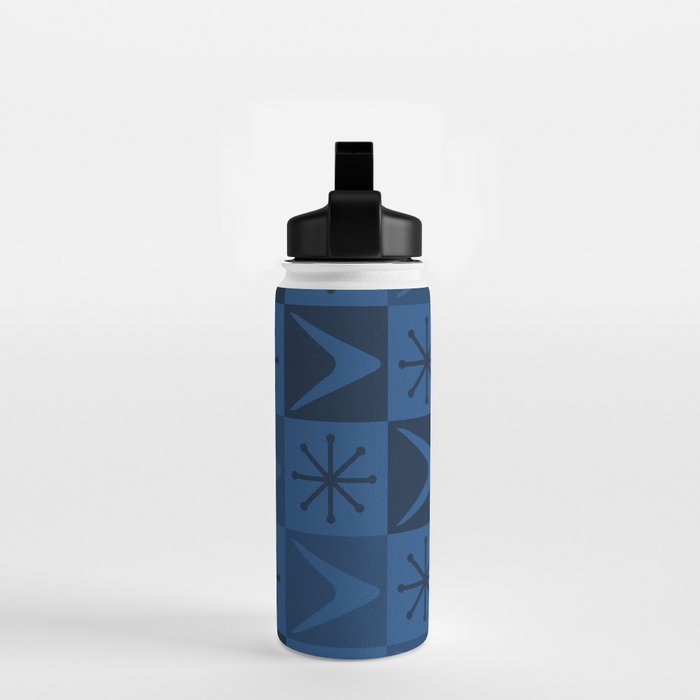Atomic Age Art Checkered Boomerangs Dark Blue Water Bottle Gallery Image 2