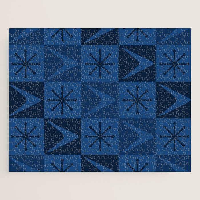 Atomic Age Art Checkered Boomerangs Dark Blue Jigsaw Puzzle Gallery Image 1