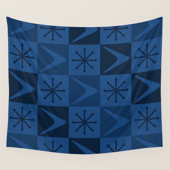 Atomic Age Art Checkered Boomerangs Dark Blue Wall Tapestry Gallery Image 4