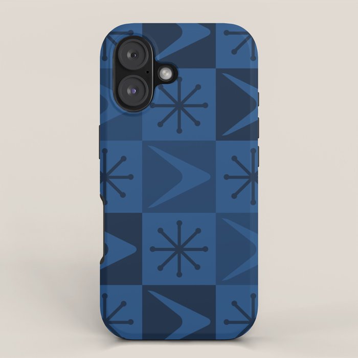 Atomic Age Art Checkered Boomerangs Dark Blue iPhone Case Gallery Image 1