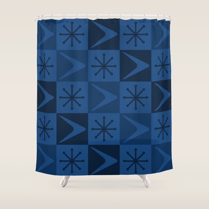 Atomic Age Art Checkered Boomerangs Dark Blue Shower Curtain Gallery Image 1