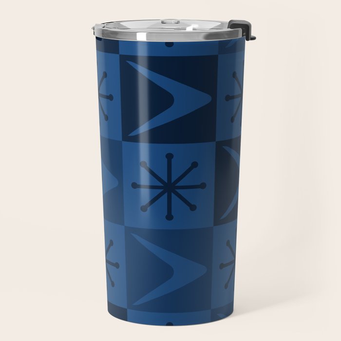 Atomic Age Art Checkered Boomerangs Dark Blue Travel Mug Gallery Image 2