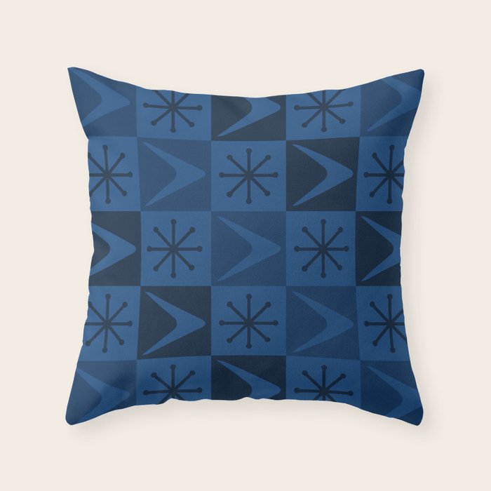 Atomic Age Art Checkered Boomerangs Dark Blue Throw Pillow Gallery Image 6