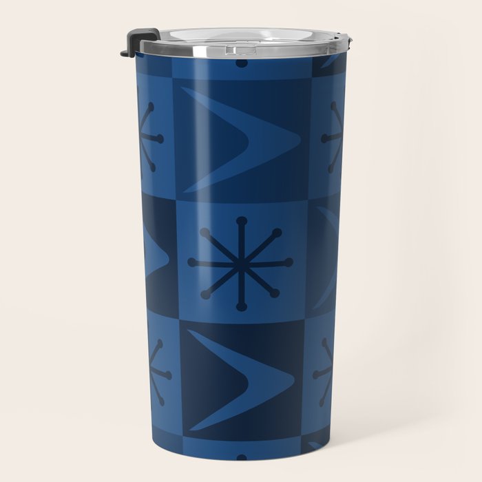 Atomic Age Art Checkered Boomerangs Dark Blue Travel Mug Gallery Image 3