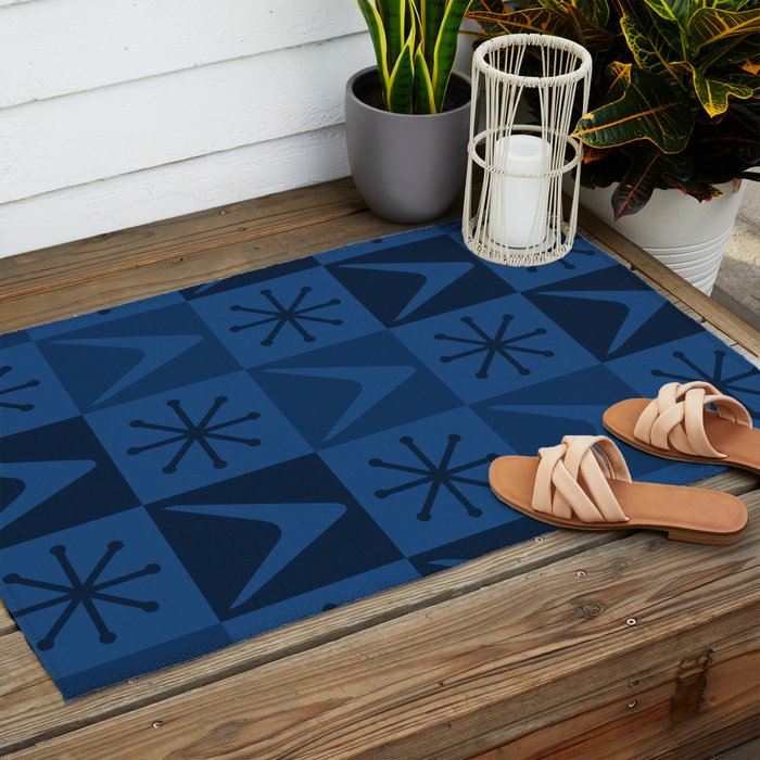 Atomic Age Art Checkered Boomerangs Dark Blue Outdoor Rug Gallery Image 2