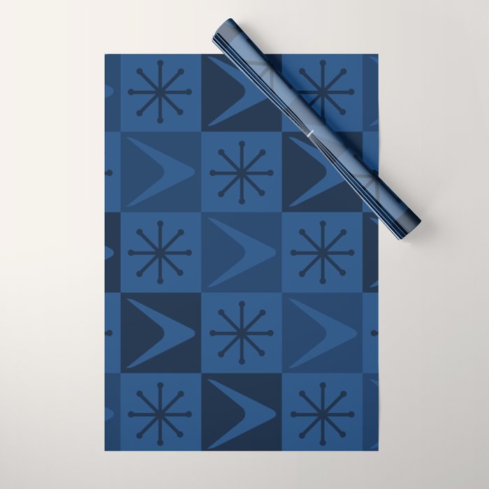 Atomic Age Art Checkered Boomerangs Dark Blue Wrapping Paper Gallery Image 1