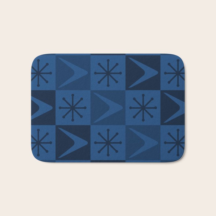 Atomic Age Art Checkered Boomerangs Dark Blue Bath Mat Gallery Image 1