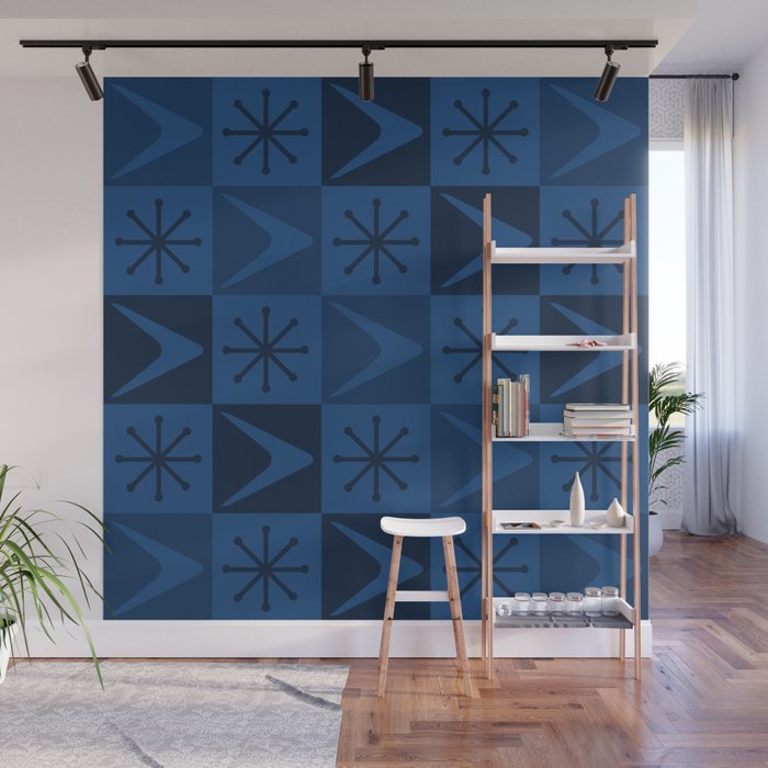Atomic Age Art Checkered Boomerangs Dark Blue Wall Mural Gallery Image 1