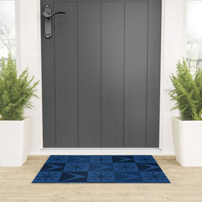 Atomic Age Art Checkered Boomerangs Dark Blue Welcome Mat Gallery Image 3