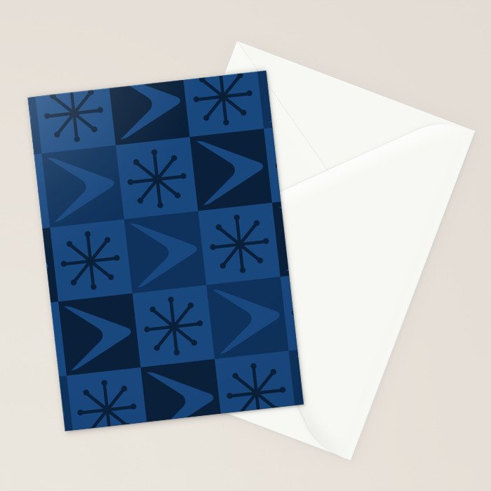 Atomic Age Art Checkered Boomerangs Dark Blue Stationery Card Gallery Image 2