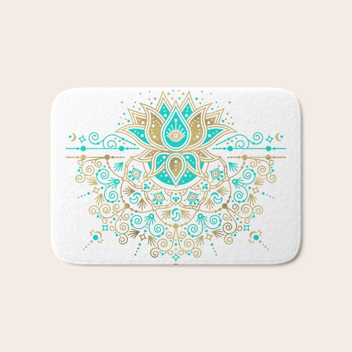 Sacred Lotus Mandala - Turquoise & Gold Palette Bath Mat Gallery Image 1