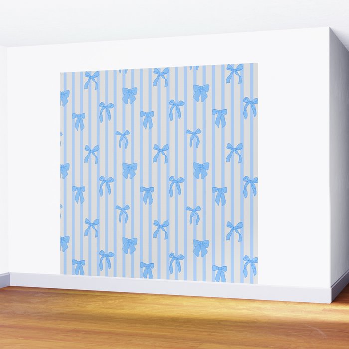 Elegant Blue Bows and Stripes Pattern Wall Mural Gallery Image 2
