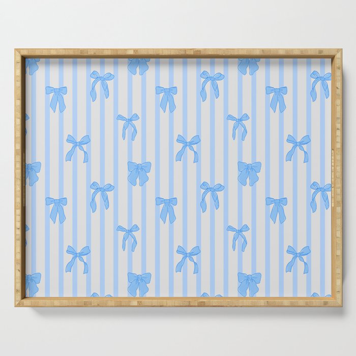 Elegant Blue Bows and Stripes Pattern Serving Tray Gallery Image 1