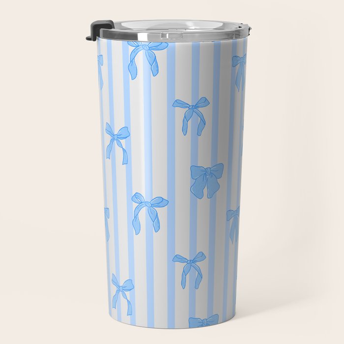 Elegant Blue Bows and Stripes Pattern Travel Mug Gallery Image 3